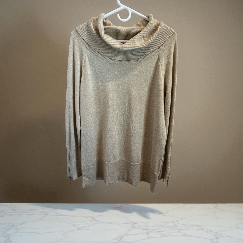 Thalia Sodi Gold Metallic Cowl Neck Sweater XL Shimmer Holiday Evening Tunic Top